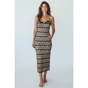 Cache Vintage Y2K Beaded Beige Black Lace Accent Midi Cocktail Dress 8 Women’s